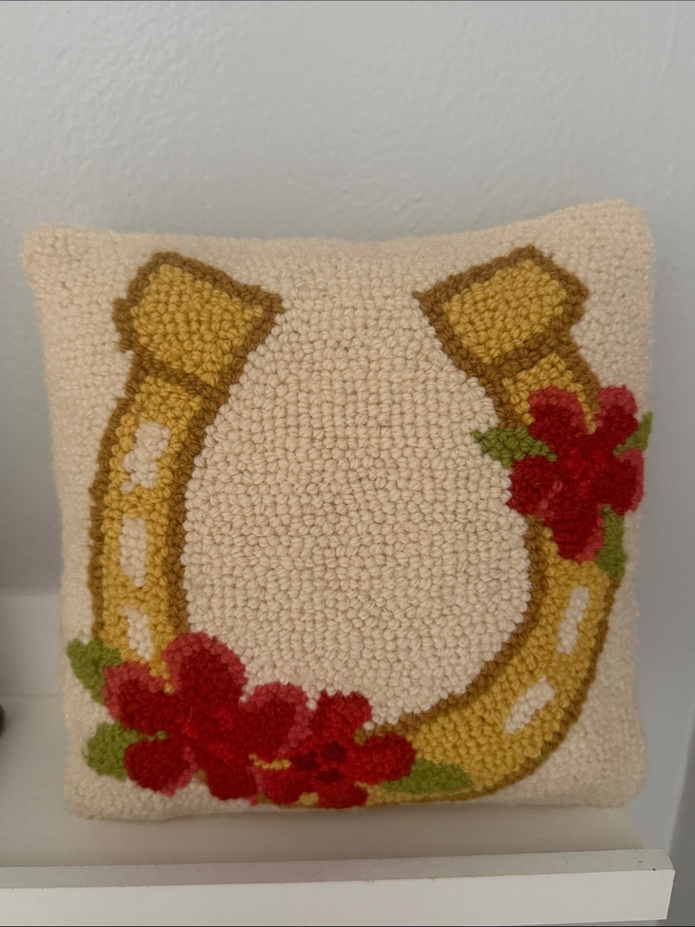 Lucky Horseshoe Hooked Pillow - Cream with Gold & Red Floral Accents